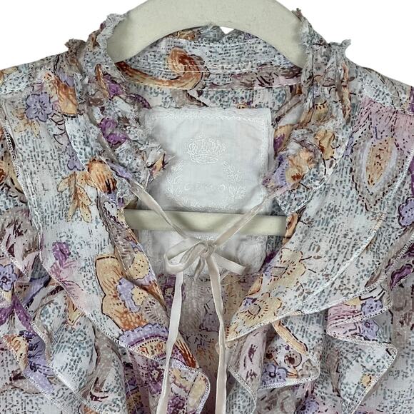 Cino Ruffle Front Blouse Floral Print Button Down Velvet Tie Size L - Picture 5 of 14